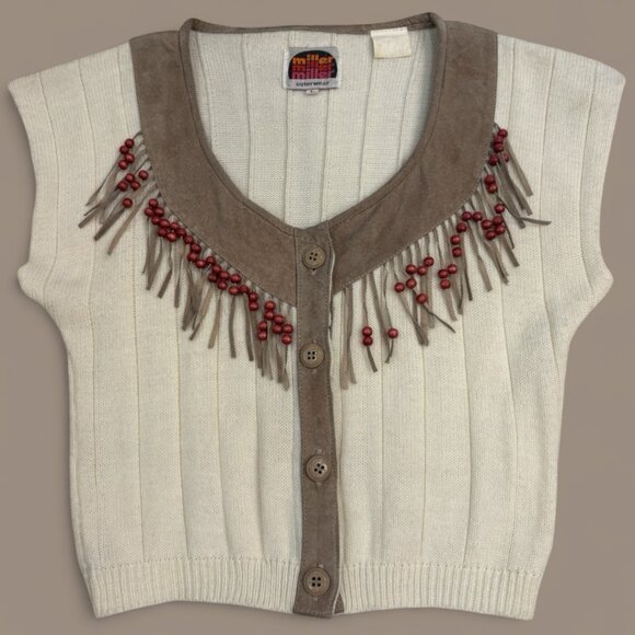 Vintage Miller Outerwear Sweater Vest Suede Fringe & Beaded Western Style Size L - Picture 3 of 9